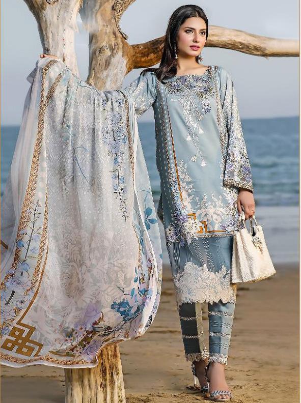 Cotton Unstitched Pakistani Blue Dress Material with Chiffon Dupatta - Stilento