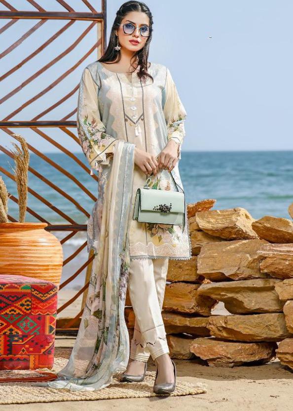 Cotton Unstitched Pakistani Brown Dress Material with Chiffon Dupatta - Stilento
