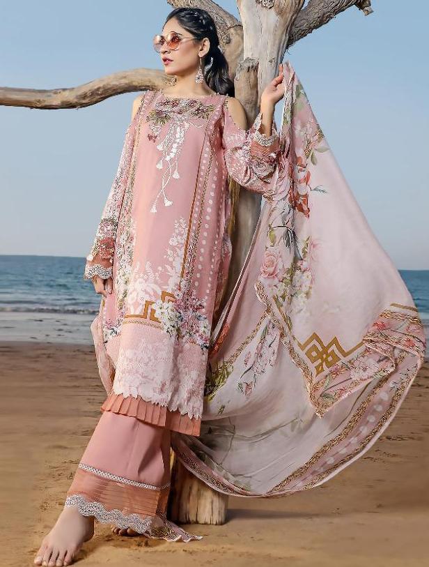 Cotton Unstitched Pakistani Pink Dress Material with Chiffon Dupatta - Stilento