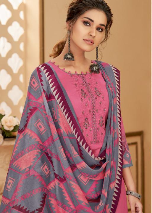 Cotton Unstitched Pink Salwar Suits Material with Chiffon Dupatta for Woman - Stilento
