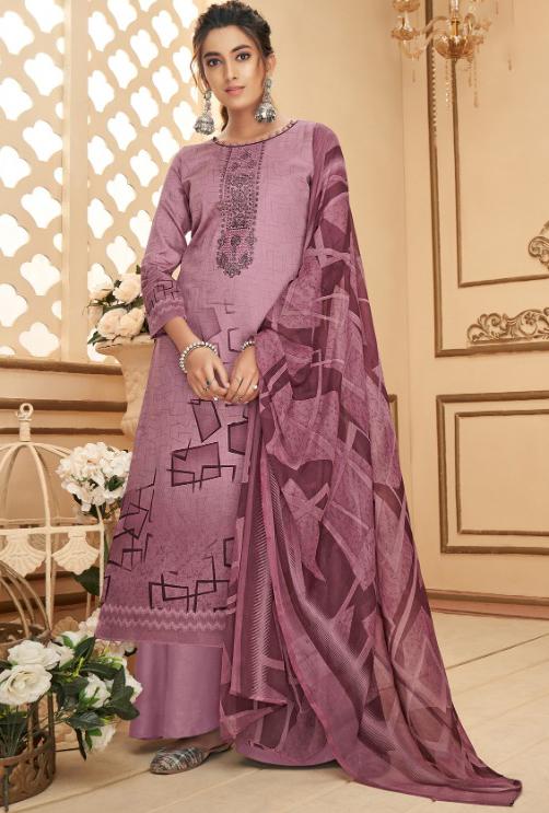 Cotton Unstitched Purple Salwar Suits Material with Chiffon Dupatta for Woman