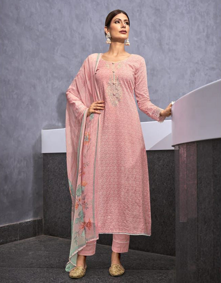 Cotton Unstitched Suit Material With Chiffon Dupatta - Stilento