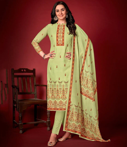 Cotton Unstitched Suit Material With Green Dupatta