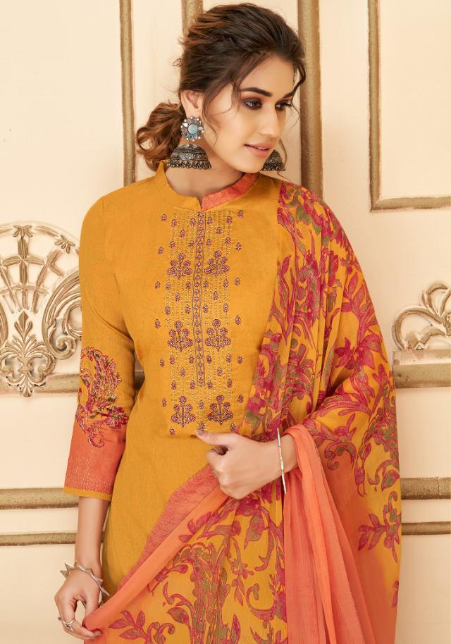 Cotton Unstitched Yellow Salwar Suits Material with Chiffon Dupatta for Woman - Stilento
