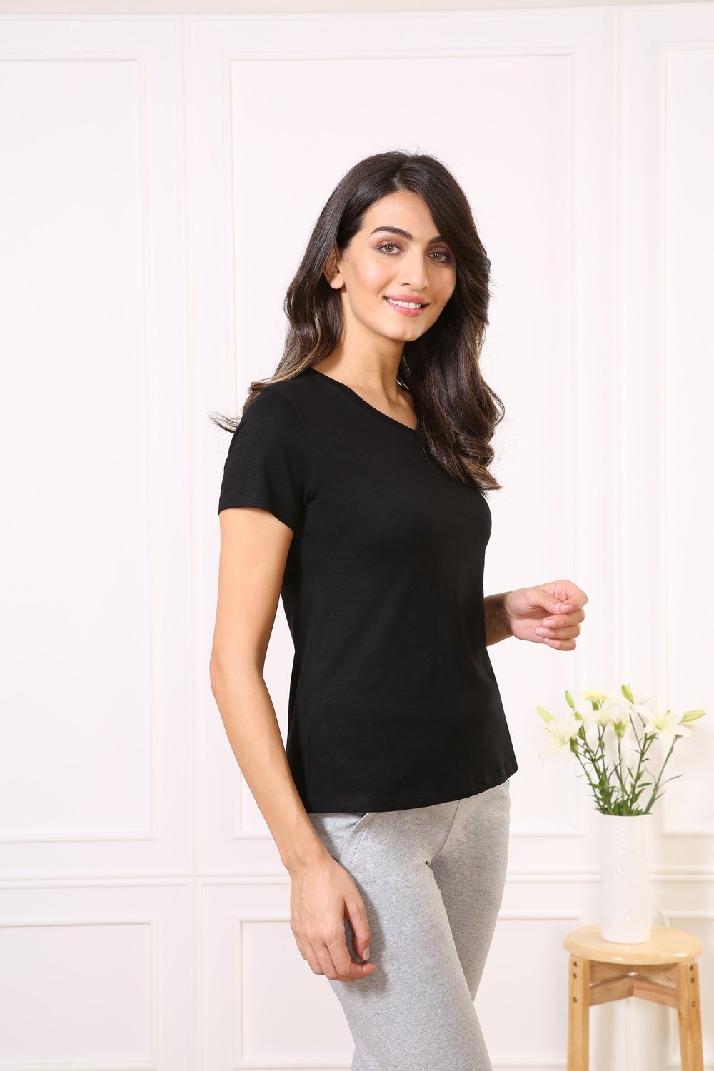 Cotton V-Neck Every day Wear Black tee t-shirt tops for Girls - Stilento