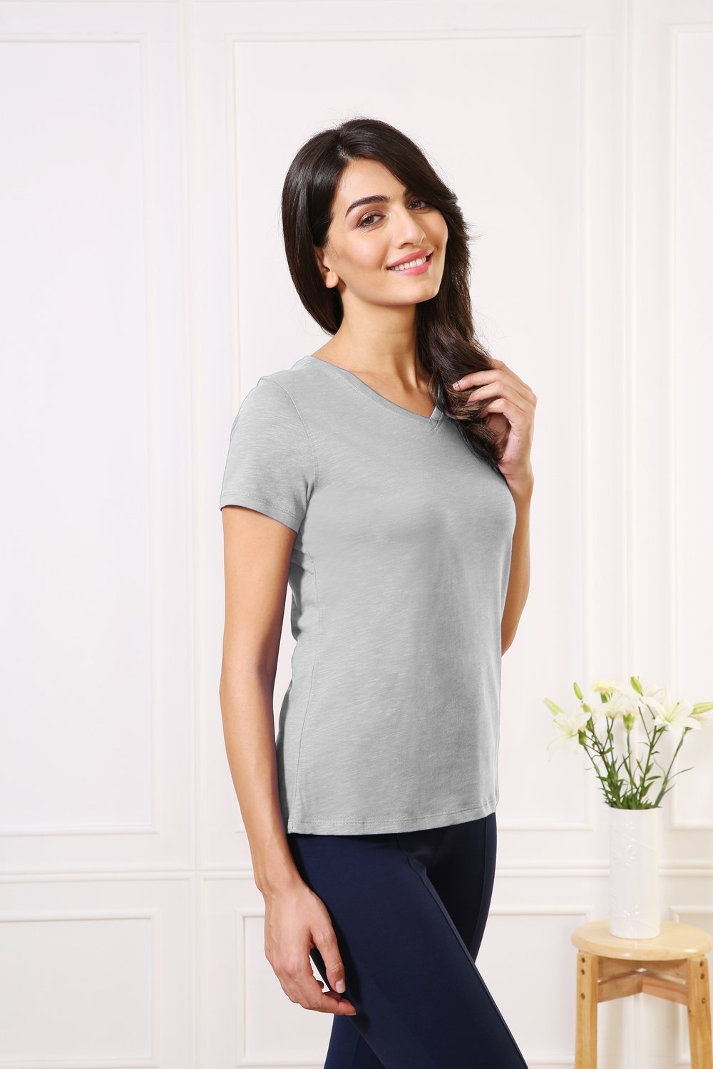 Cotton V-Neck Every day Wear Grey tee t-shirt tops for Girls - Stilento