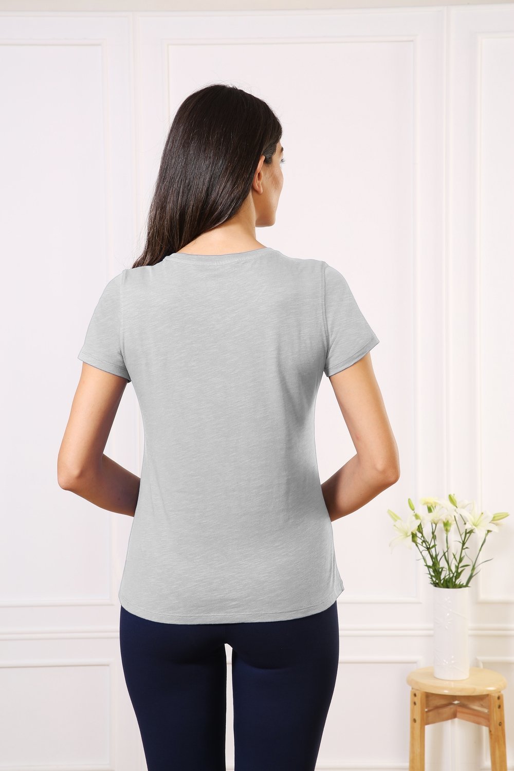 Cotton V-Neck Every day Wear Grey tee t-shirt tops for Girls - Stilento
