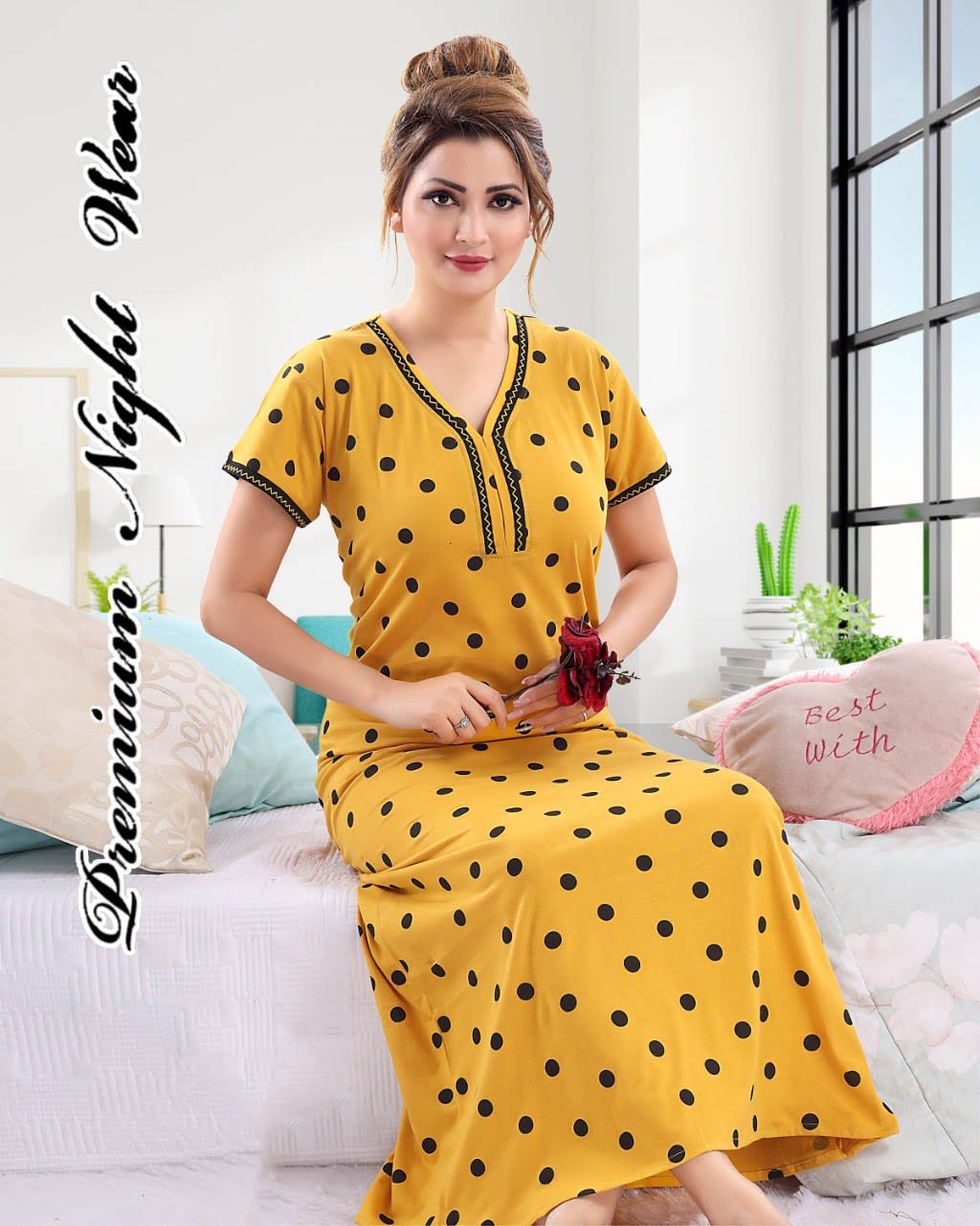 Cotton Yellow Long Nighty Nightgown for Women - Stilento