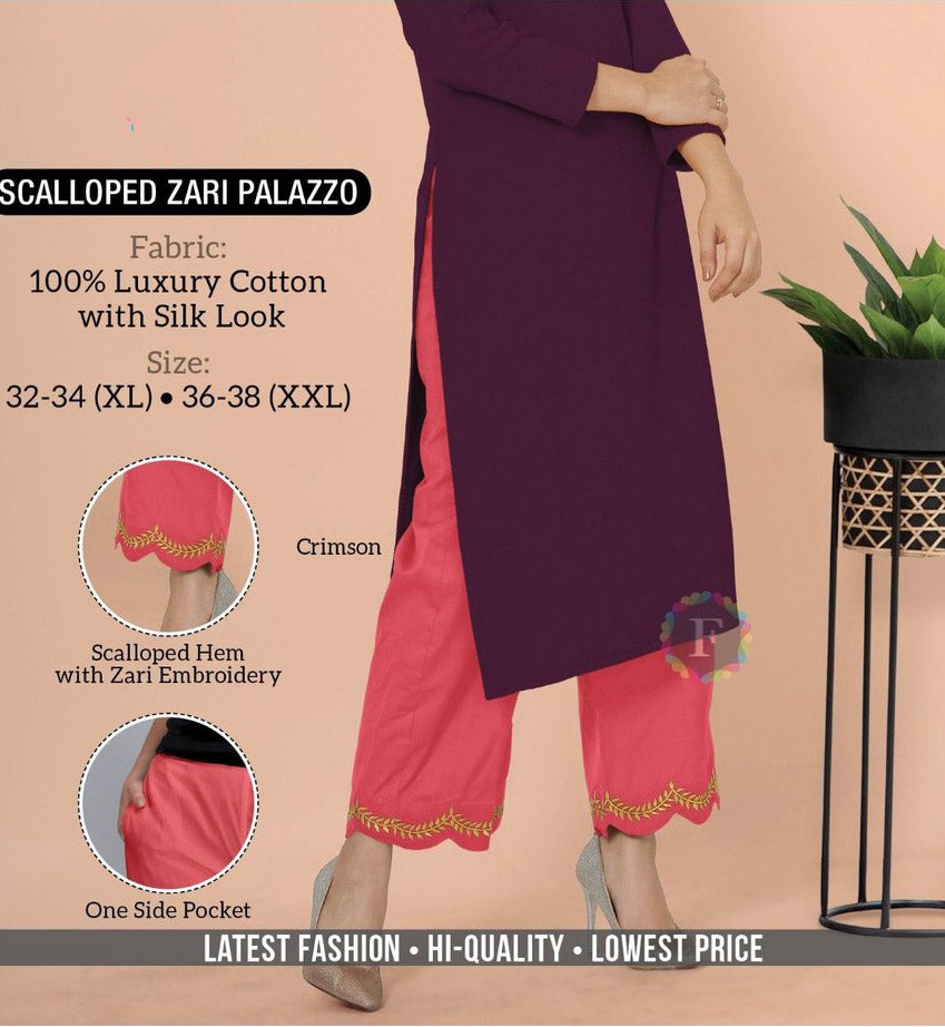 Crimson Cotton Palazzo Pants with Zari Embroidery - Stilento