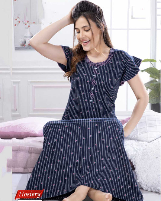 Dark Blue Printed Cotton Maxi Nightdress for Ladies - Stilento