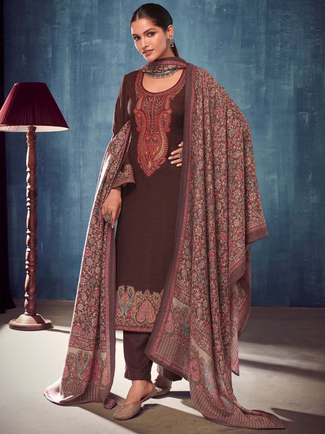 Dark Brown Pashmina Twill Embroidered Unstitched Winter Suits - Stilento