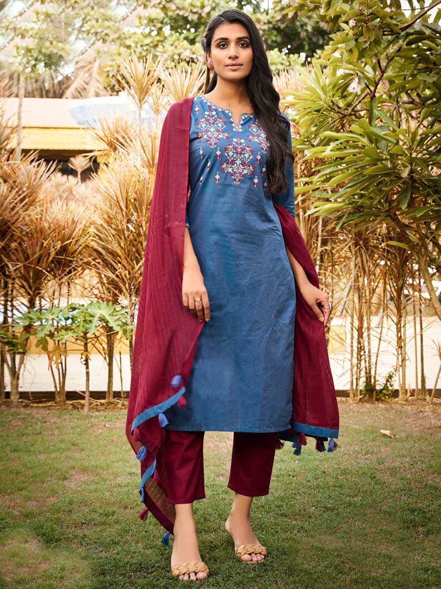 Dark Grey Cotton Embroidered Stitched Suit Set