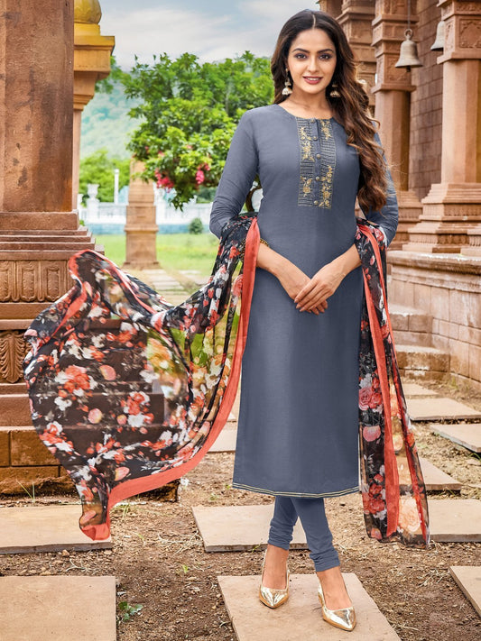 Dark Grey Embroidered Unstitched Cotton Suit