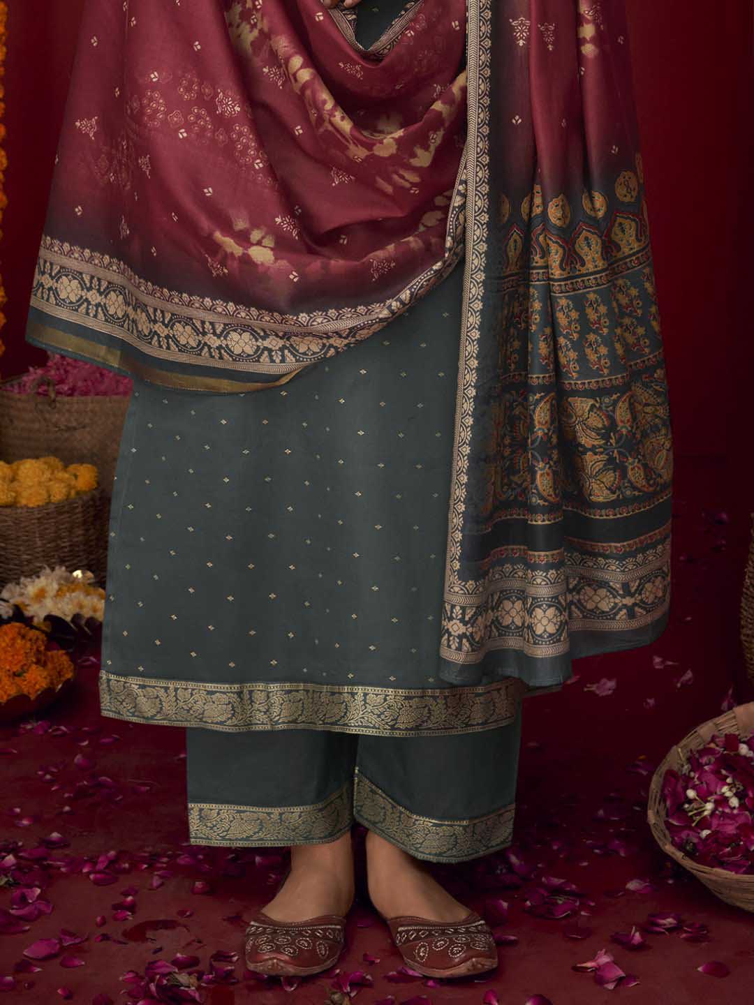 Unstitched Embroidered Cotton Satin Grey Salwar Suit Material