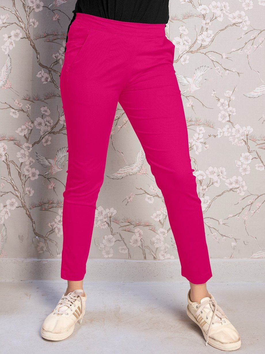 Dark Pink Cotton Spandex Lycra Women Pants - Stilento