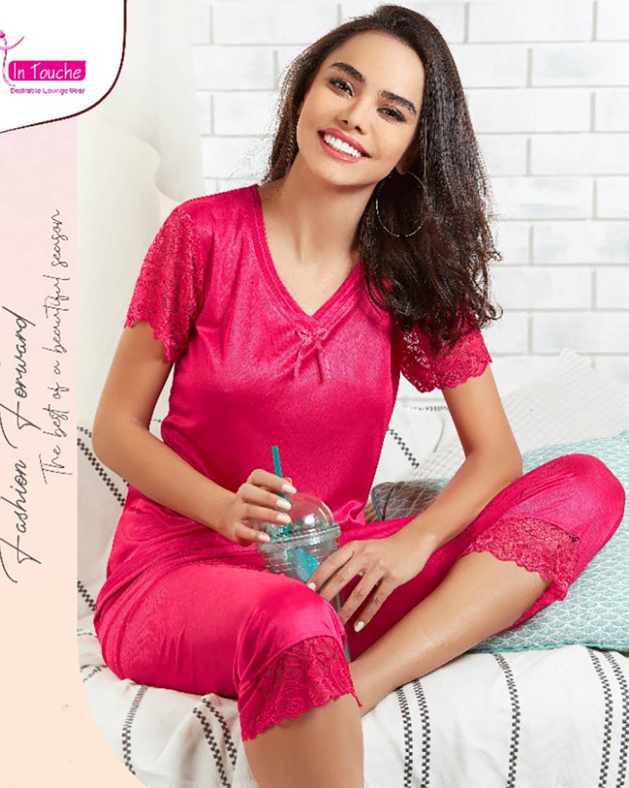 Dark Pink Satin Night Suits Set Nightwear for Woman - Stilento