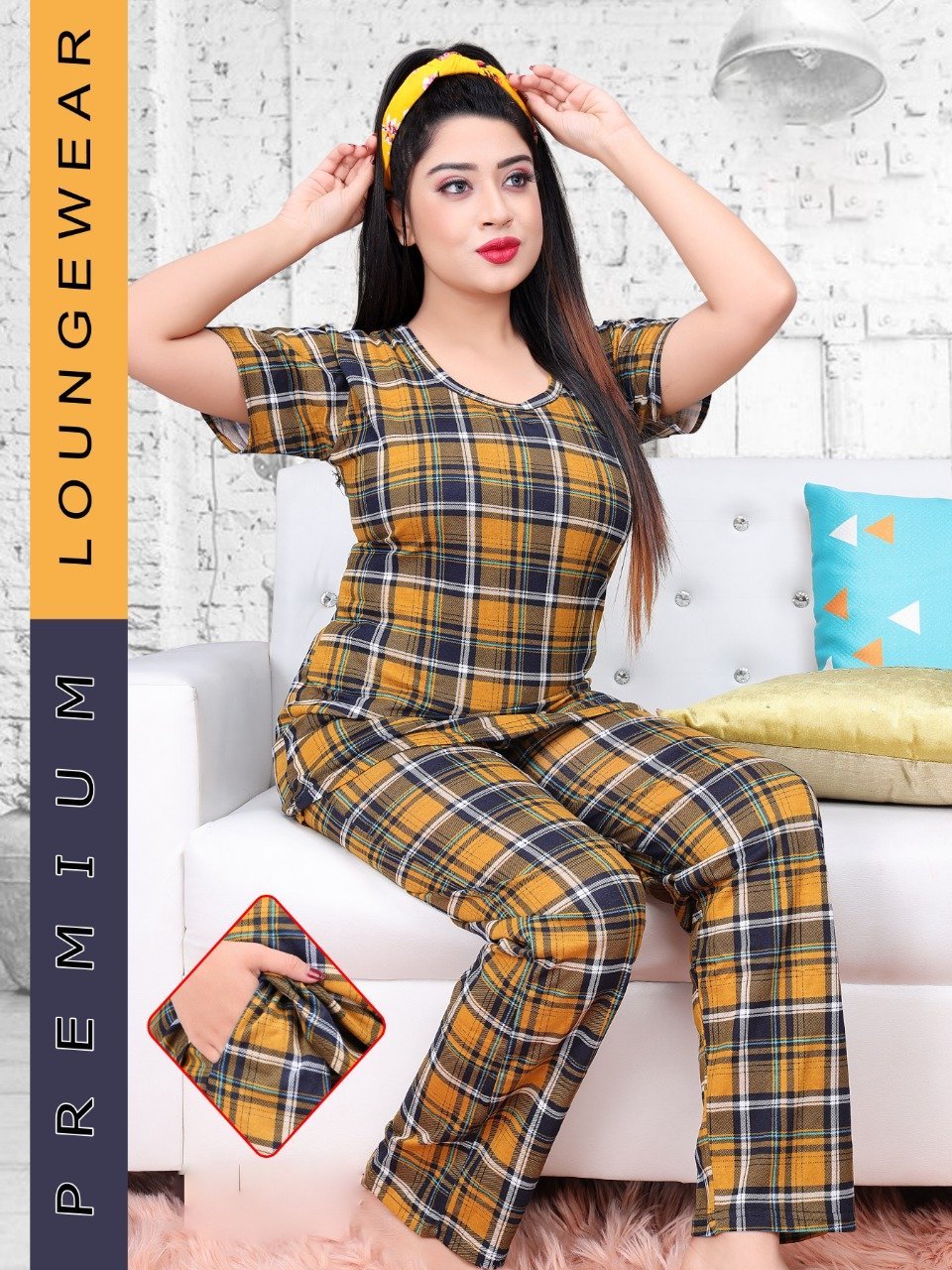 Dark Yellow Checked Night suit for ladies with long Top and Pockets - Stilento