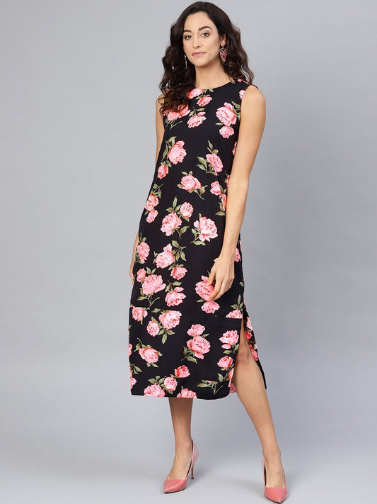 Designer Black & Pink Floral Party Wear Crepe Dress for Women - Stilento