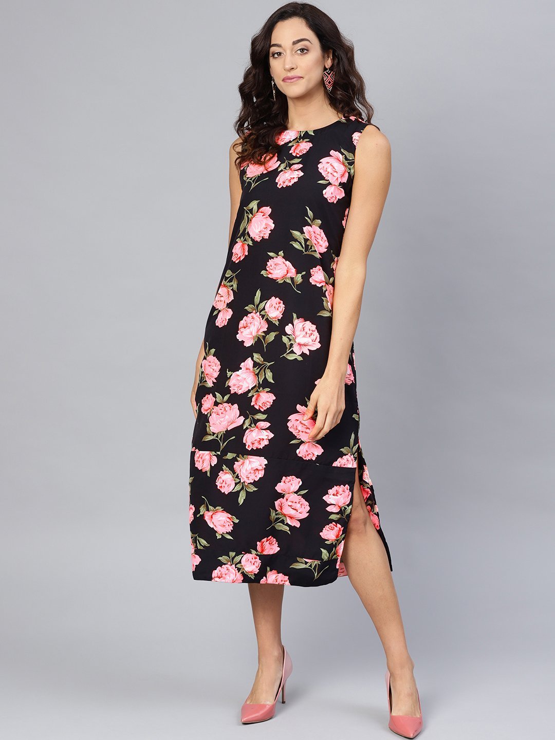 Designer Black & Pink Floral Party Wear Crepe Dress for Women