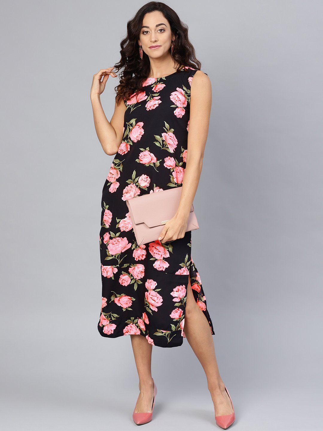 Designer Black & Pink Floral Party Wear Crepe Dress for Women - Stilento