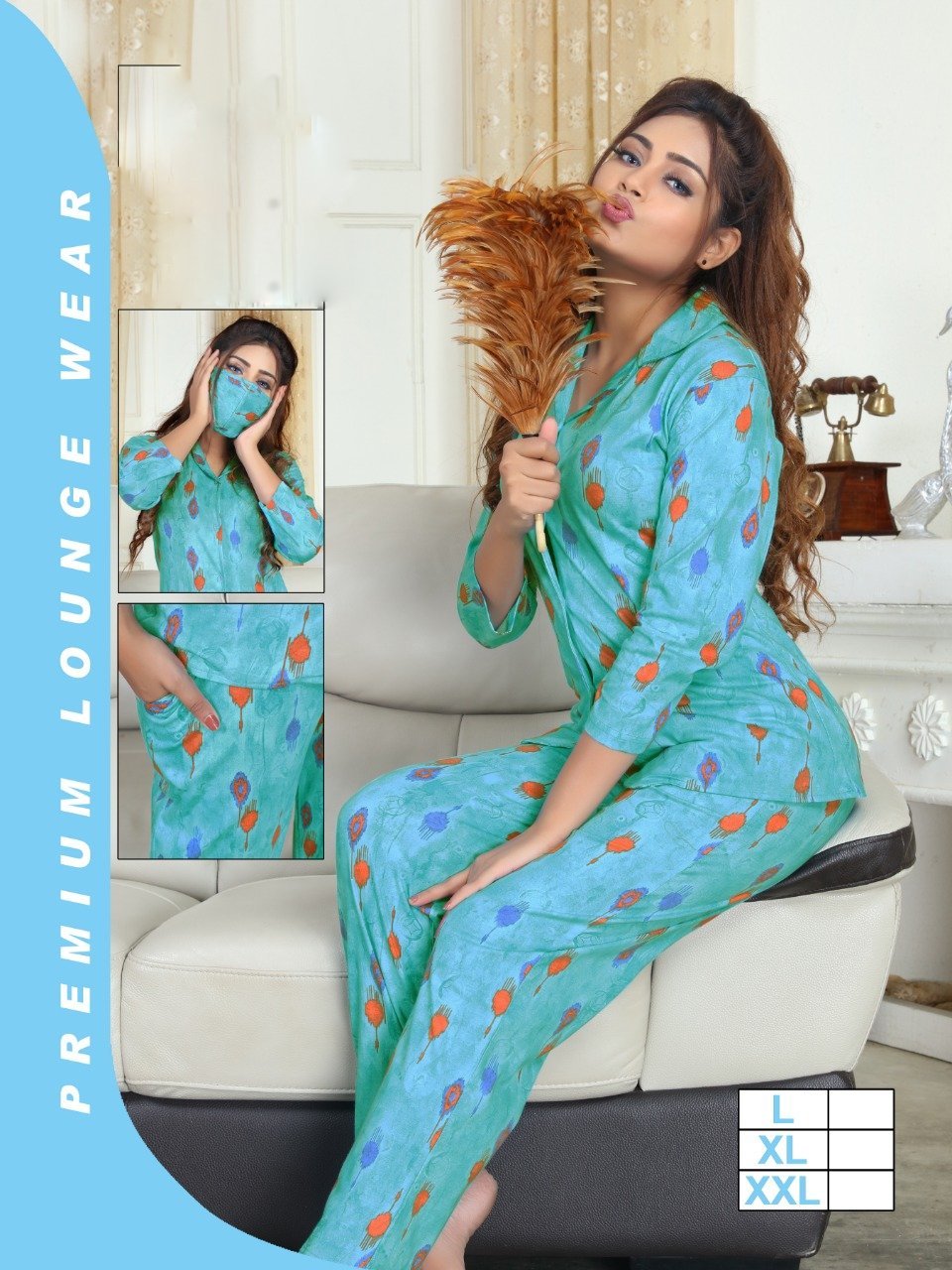 Designer Blue Cotton Printed Nigh suit Sets for Women - Stilento