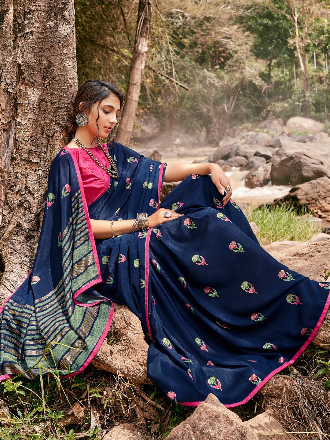 Designer Blue Printed Chiffon Saree for Women With Blouse - Stilento
