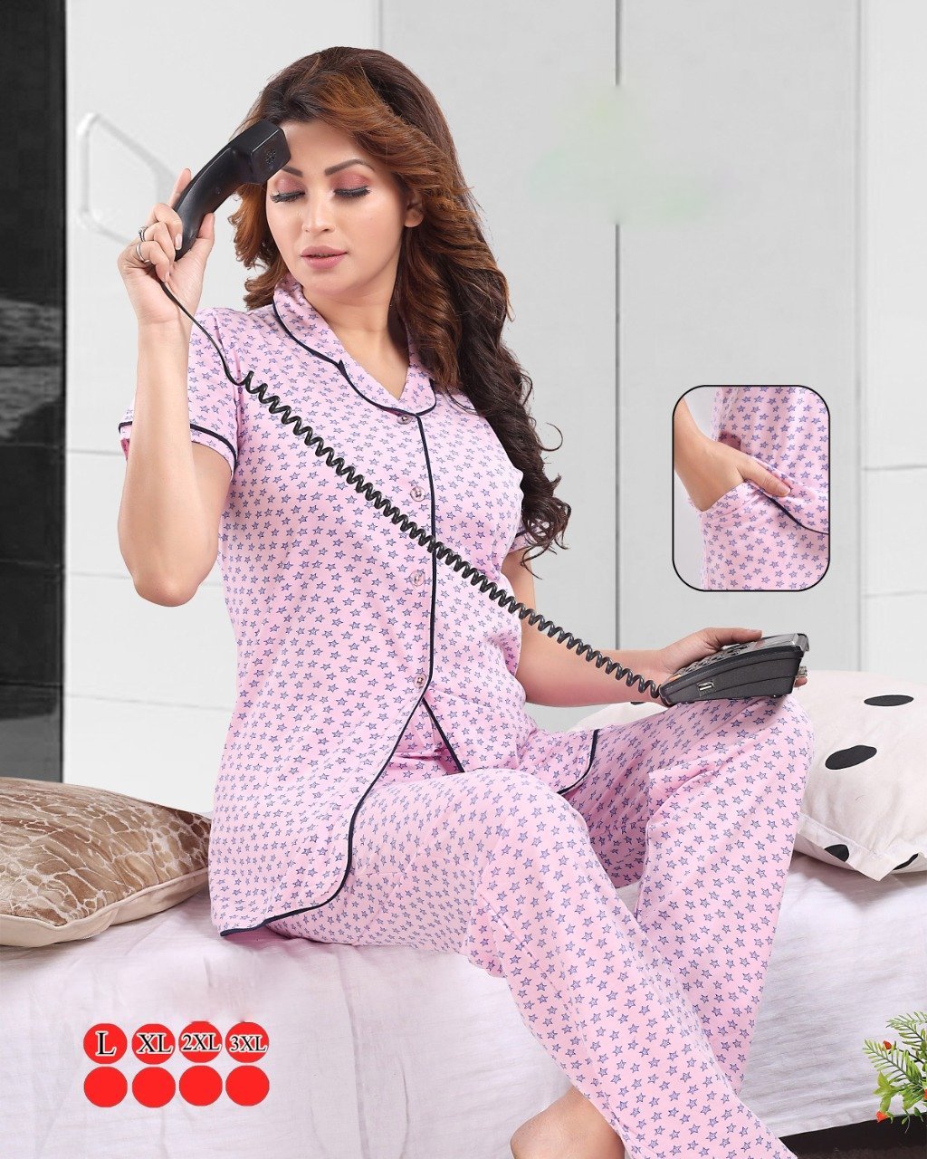 Designer Cotton Pink Ladies Night Suit Pyjama Set - Stilento