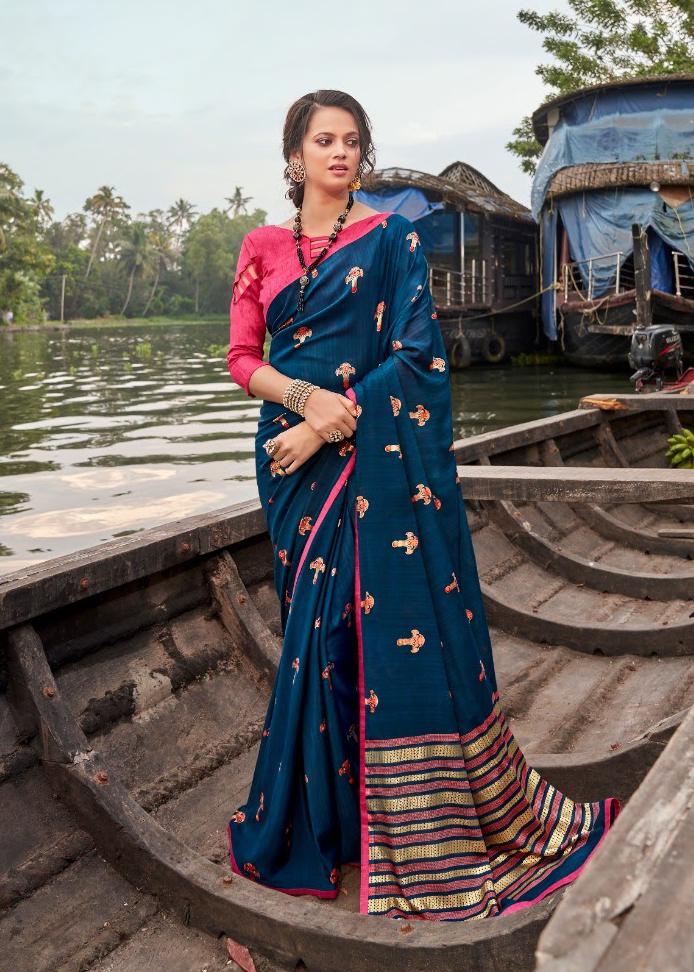 Designer Dark Blue Printed Chiffon Saree for Women With Blouse - Stilento