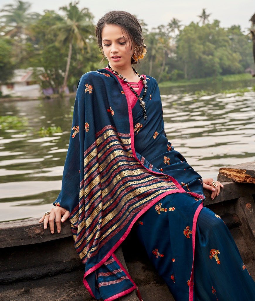 Designer Dark Blue Printed Chiffon Saree for Women With Blouse