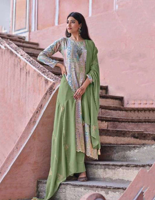 Designer Green Printed Unstitched Jam Cotton Salwar Suits Material - Stilento