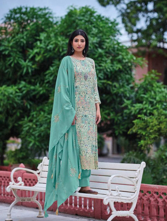 Designer Green Unstitched Jam Cotton Dress materials For Ladies