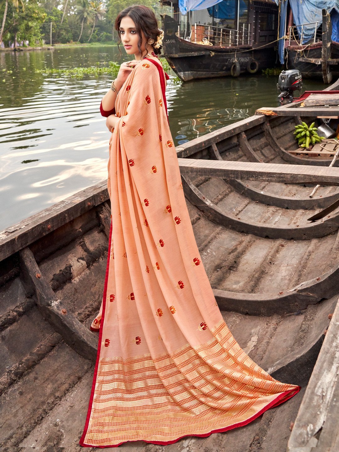 Designer Light Orange Printed Chiffon Saree for Women With Blouse - Stilento
