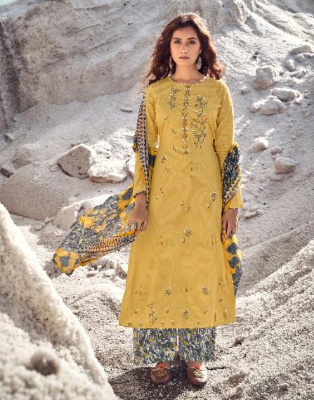 Designer Mustard Women Cotton Suits Set with Embroidery