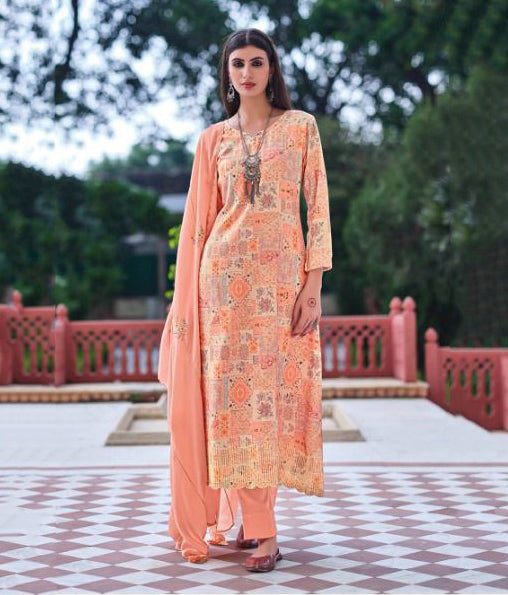 Designer Orange Unstitched Jam Cotton Dress materials For Ladies - Stilento