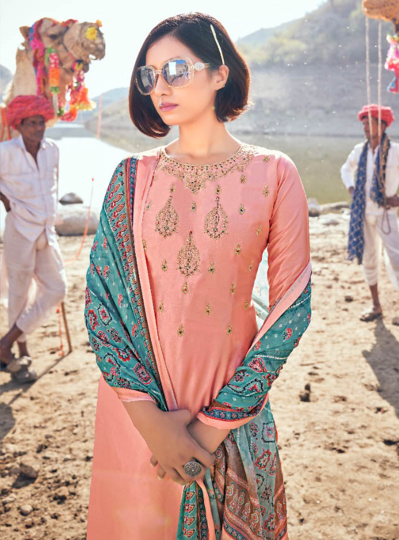 Designer Pink Unstitched Silk Suit Material for Ladies - Stilento