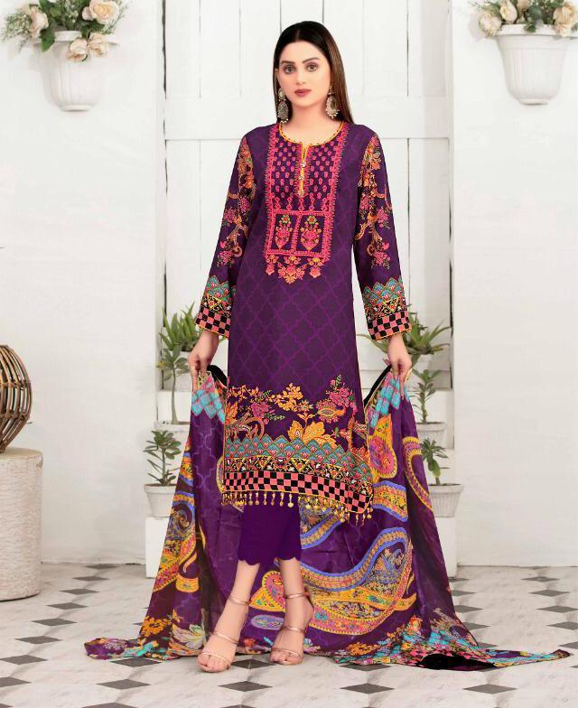 Designer Purple Lawn Cotton Salwar Kameez Dress Material - Stilento
