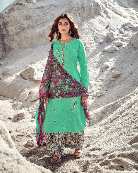 Designer Salwar Green Cotton Suits Set for Women with Embroidery - Stilento
