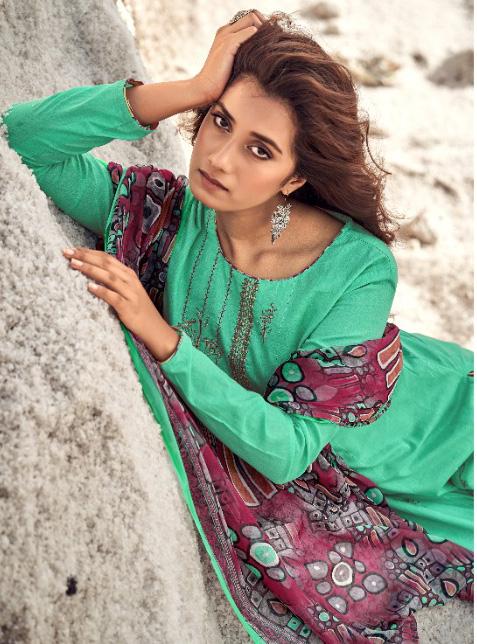 Designer Salwar Green Cotton Suits Set for Women with Embroidery - Stilento