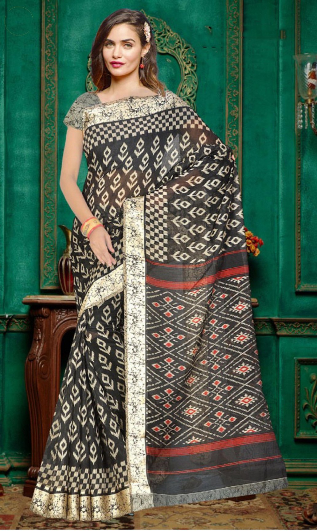 Designer Women’s Black Cotton Satin Printed Saree - Stilento