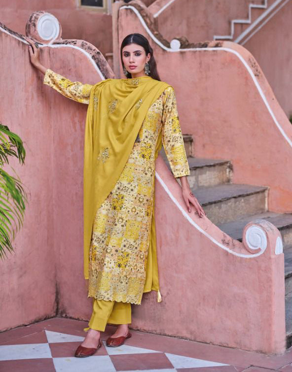Designer Yellow Printed Unstitched Jam Cotton Salwar Suits Material