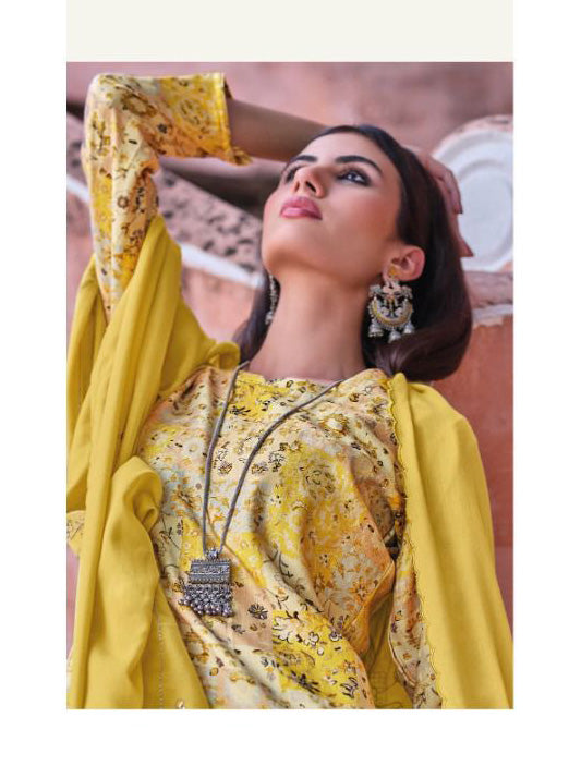 Designer Yellow Printed Unstitched Jam Cotton Salwar Suits Material