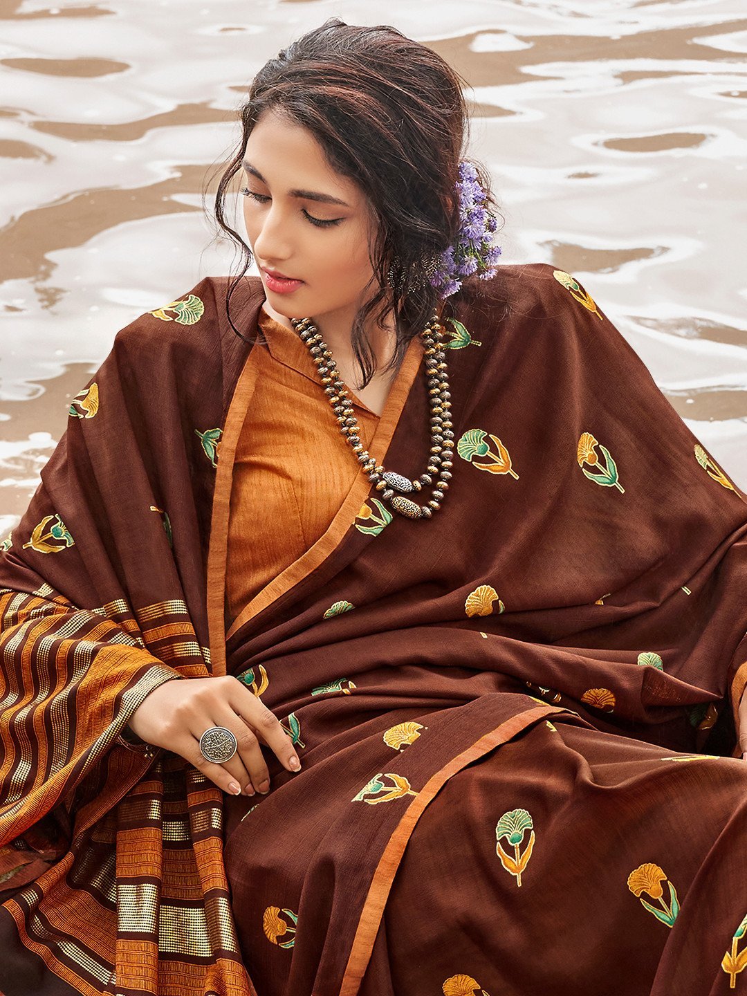 Designers Brown Printed Chiffon Sarees for Women With Blouse - Stilento