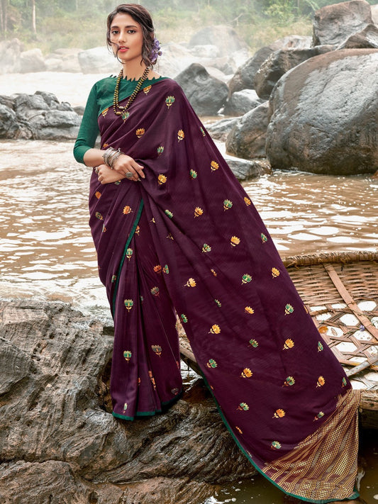 Designers Purple Printed Chiffon Sarees for Women With Blouse - Stilento