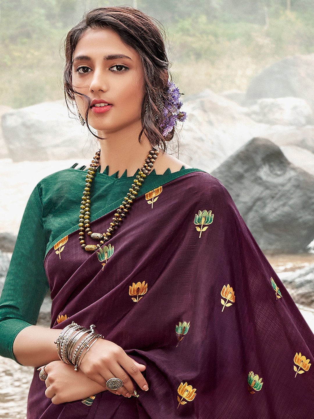 Designers Purple Printed Chiffon Sarees for Women With Blouse - Stilento