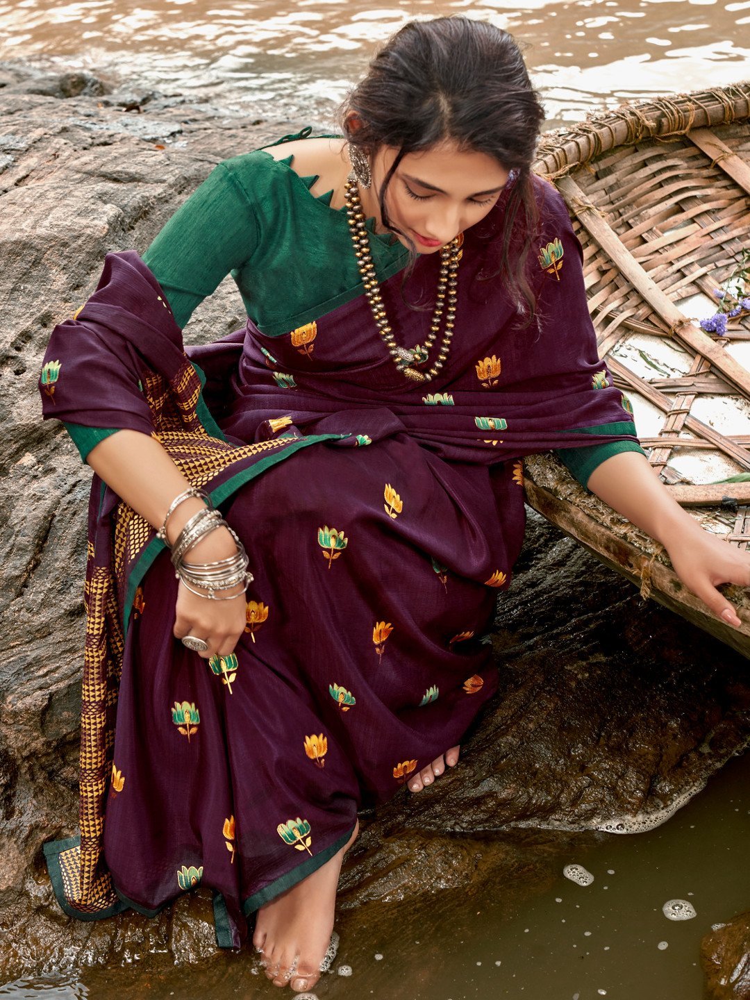 Designers Purple Printed Chiffon Sarees for Women With Blouse