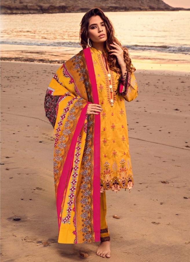 Emaan Adeel Women lawn Unstitched Yellow Pakistani Suits With Mal Mal Duppata - Stilento