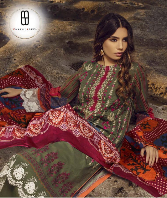 Emaan Adeel Women Pure lawn Unstitched Pakistani Suits With Mal Mal Duppata