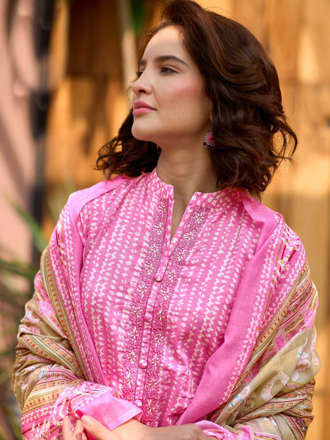 Embroidered Unstitched Pure Lawn Cotton Pink Suit Material