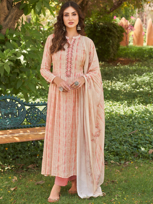 Embroidered Beige & Pink Cotton Un-Stitched Suit Set