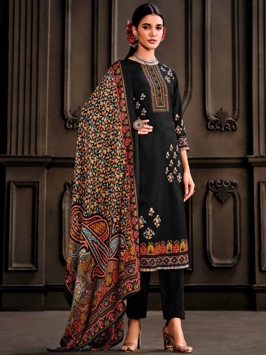 Wool Pashmina Black Unstitched Winter Ladies Suits Set - Stilento